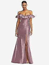 Alt View 3 Thumbnail - Dusty Rose Off-the-Shoulder Ruffle Neck Satin Trumpet Gown