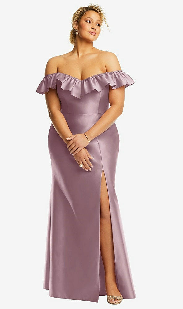 Front View - Dusty Rose Off-the-Shoulder Ruffle Neck Satin Trumpet Gown