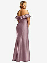Rear View Thumbnail - Dusty Rose Off-the-Shoulder Ruffle Neck Satin Trumpet Gown