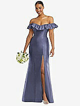Alt View 1 Thumbnail - French Blue Off-the-Shoulder Ruffle Neck Satin Trumpet Gown