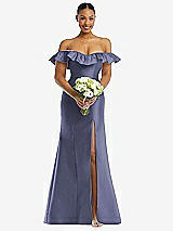 Alt View 2 Thumbnail - French Blue Off-the-Shoulder Ruffle Neck Satin Trumpet Gown