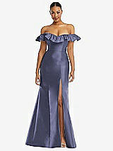 Alt View 3 Thumbnail - French Blue Off-the-Shoulder Ruffle Neck Satin Trumpet Gown