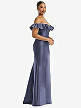 Alt View 4 Thumbnail - French Blue Off-the-Shoulder Ruffle Neck Satin Trumpet Gown