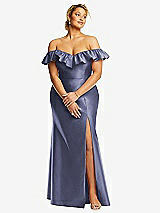 Front View Thumbnail - French Blue Off-the-Shoulder Ruffle Neck Satin Trumpet Gown