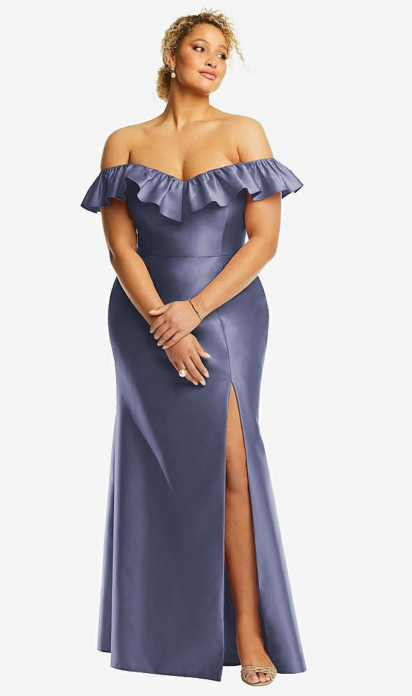 Front View - French Blue Off-the-Shoulder Ruffle Neck Satin Trumpet Gown