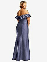 Rear View Thumbnail - French Blue Off-the-Shoulder Ruffle Neck Satin Trumpet Gown