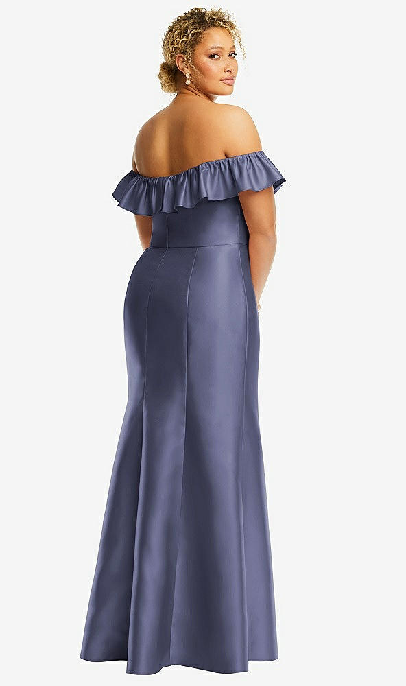 Back View - French Blue Off-the-Shoulder Ruffle Neck Satin Trumpet Gown