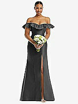 Alt View 2 Thumbnail - Pewter Off-the-Shoulder Ruffle Neck Satin Trumpet Gown