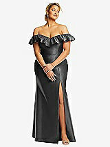 Front View Thumbnail - Pewter Off-the-Shoulder Ruffle Neck Satin Trumpet Gown