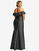 Rear View Thumbnail - Pewter Off-the-Shoulder Ruffle Neck Satin Trumpet Gown