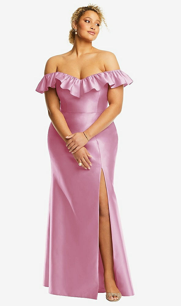 Front View - Powder Pink Off-the-Shoulder Ruffle Neck Satin Trumpet Gown