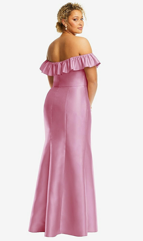 Back View - Powder Pink Off-the-Shoulder Ruffle Neck Satin Trumpet Gown