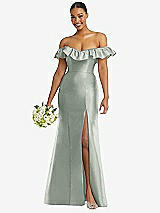 Alt View 1 Thumbnail - Willow Green Off-the-Shoulder Ruffle Neck Satin Trumpet Gown