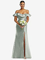 Alt View 2 Thumbnail - Willow Green Off-the-Shoulder Ruffle Neck Satin Trumpet Gown