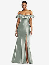 Alt View 3 Thumbnail - Willow Green Off-the-Shoulder Ruffle Neck Satin Trumpet Gown