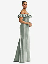 Alt View 4 Thumbnail - Willow Green Off-the-Shoulder Ruffle Neck Satin Trumpet Gown