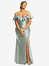 Front View Thumbnail - Willow Green Off-the-Shoulder Ruffle Neck Satin Trumpet Gown