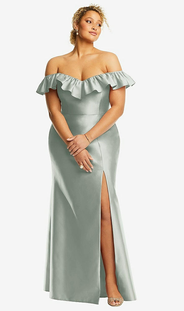 Front View - Willow Green Off-the-Shoulder Ruffle Neck Satin Trumpet Gown