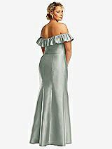 Rear View Thumbnail - Willow Green Off-the-Shoulder Ruffle Neck Satin Trumpet Gown