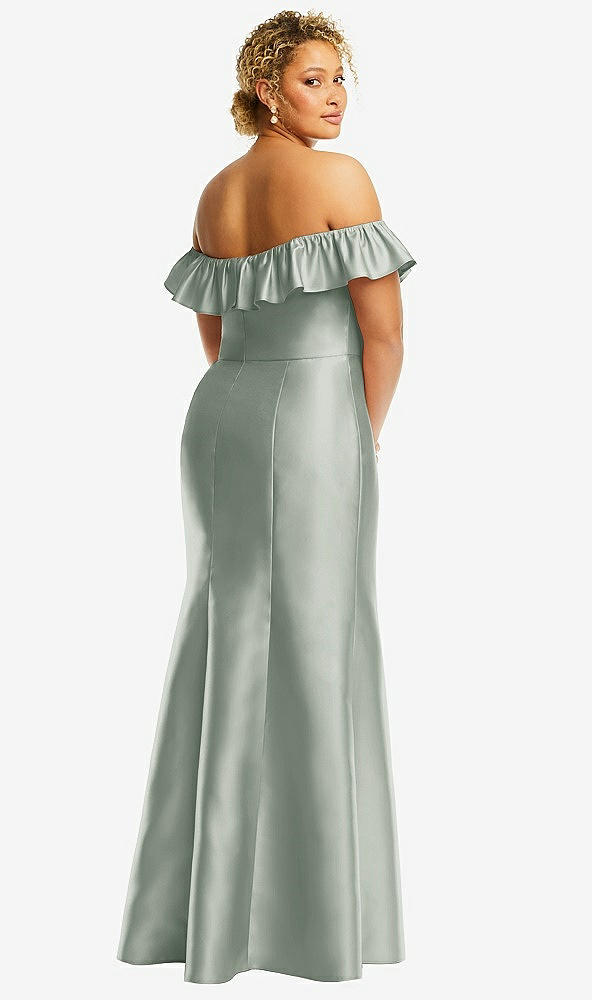 Back View - Willow Green Off-the-Shoulder Ruffle Neck Satin Trumpet Gown