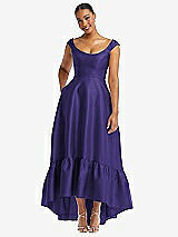 Front View Thumbnail - Grape Cap Sleeve Deep Ruffle Hem Satin High Low Dress with Pockets