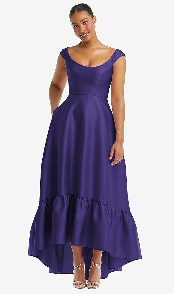 Front View - Grape Cap Sleeve Deep Ruffle Hem Satin High Low Dress with Pockets