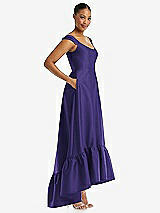 Side View Thumbnail - Grape Cap Sleeve Deep Ruffle Hem Satin High Low Dress with Pockets