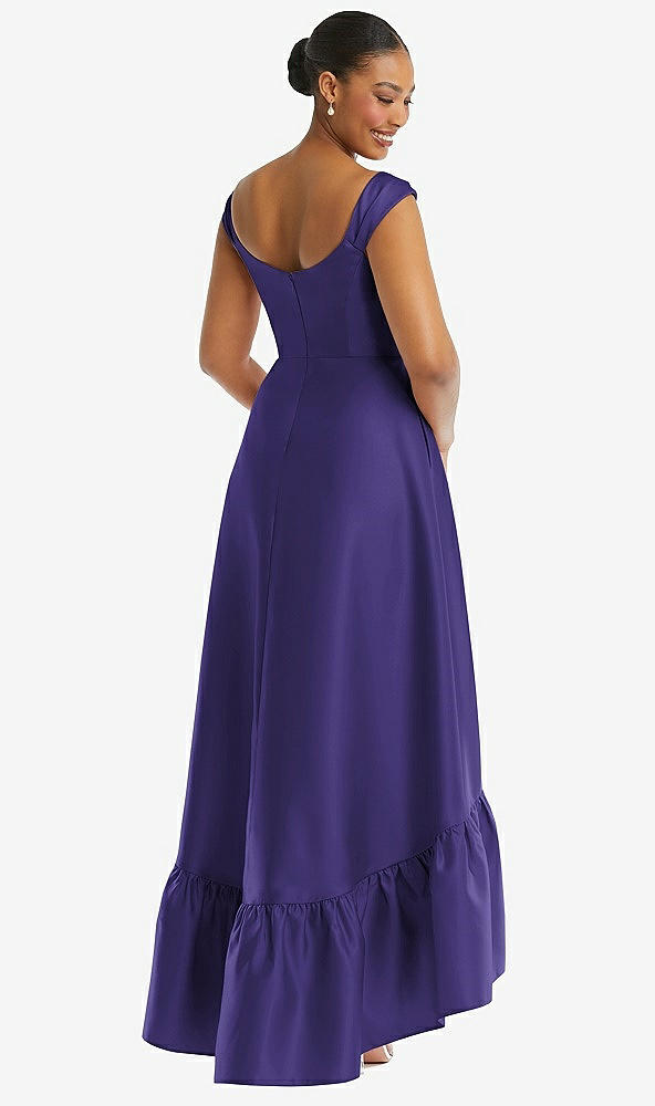 Back View - Grape Cap Sleeve Deep Ruffle Hem Satin High Low Dress with Pockets