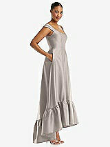 Side View Thumbnail - Taupe Cap Sleeve Deep Ruffle Hem Satin High Low Dress with Pockets