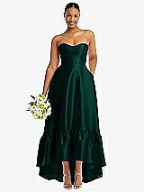 Front View Thumbnail - Evergreen Strapless Deep Ruffle Hem Satin High Low Dress with Pockets
