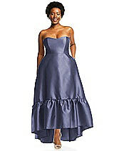 Alt View 1 Thumbnail - French Blue Strapless Deep Ruffle Hem Satin High Low Dress with Pockets
