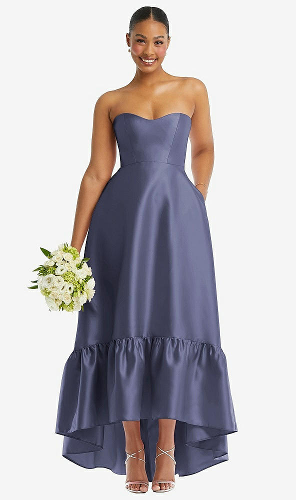 Front View - French Blue Strapless Deep Ruffle Hem Satin High Low Dress with Pockets