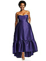 Alt View 1 Thumbnail - Grape Strapless Deep Ruffle Hem Satin High Low Dress with Pockets