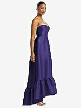 Side View Thumbnail - Grape Strapless Deep Ruffle Hem Satin High Low Dress with Pockets