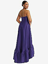 Rear View Thumbnail - Grape Strapless Deep Ruffle Hem Satin High Low Dress with Pockets