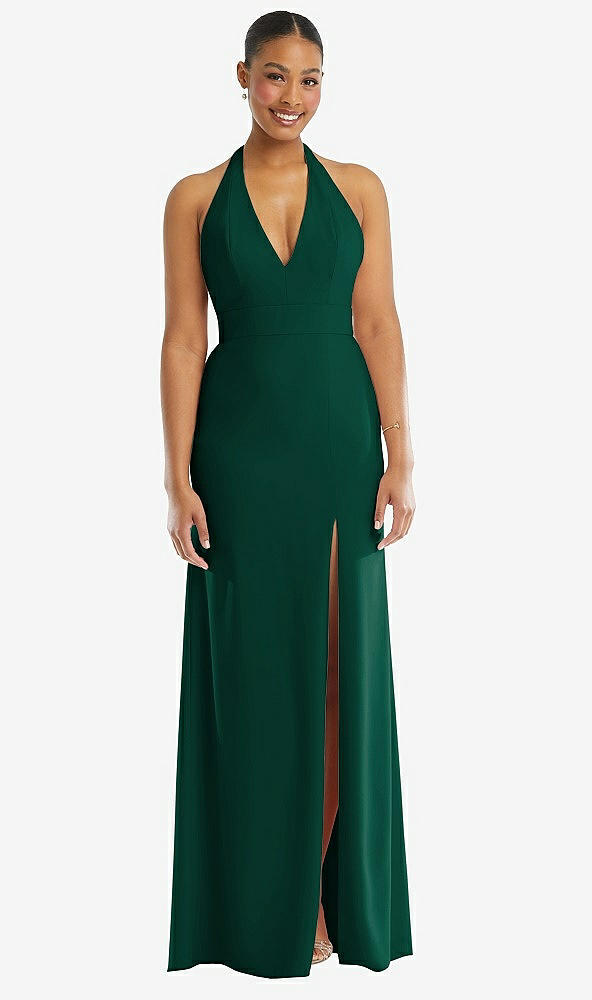 Front View - Hunter Green Plunge Neck Halter Backless Trumpet Gown with Front Slit