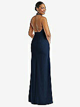 Rear View Thumbnail - Midnight Navy Plunge Neck Halter Backless Trumpet Gown with Front Slit