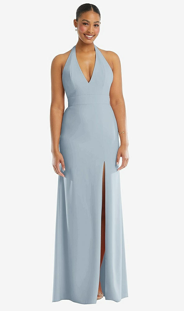 Front View - Mist Plunge Neck Halter Backless Trumpet Gown with Front Slit