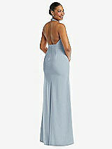 Rear View Thumbnail - Mist Plunge Neck Halter Backless Trumpet Gown with Front Slit