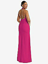 Rear View Thumbnail - Think Pink Plunge Neck Halter Backless Trumpet Gown with Front Slit
