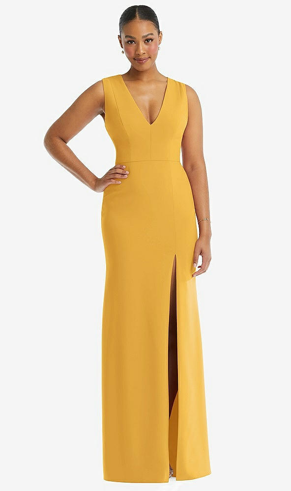 Front View - NYC Yellow Deep V-Neck Closed Back Crepe Trumpet Gown with Front Slit