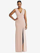 Front View Thumbnail - Cameo Deep V-Neck Closed Back Crepe Trumpet Gown with Front Slit