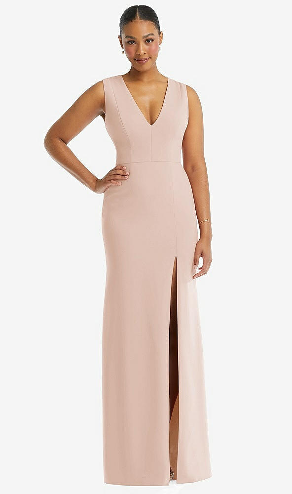Front View - Cameo Deep V-Neck Closed Back Crepe Trumpet Gown with Front Slit