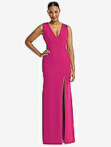Front View Thumbnail - Think Pink Deep V-Neck Closed Back Crepe Trumpet Gown with Front Slit
