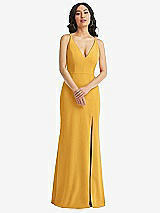 Front View Thumbnail - NYC Yellow Skinny Strap Deep V-Neck Crepe Trumpet Gown with Front Slit