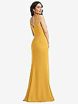 Rear View Thumbnail - NYC Yellow Skinny Strap Deep V-Neck Crepe Trumpet Gown with Front Slit