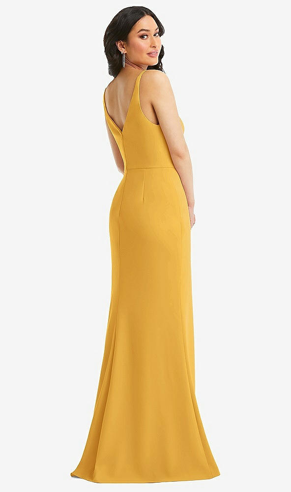 Back View - NYC Yellow Skinny Strap Deep V-Neck Crepe Trumpet Gown with Front Slit