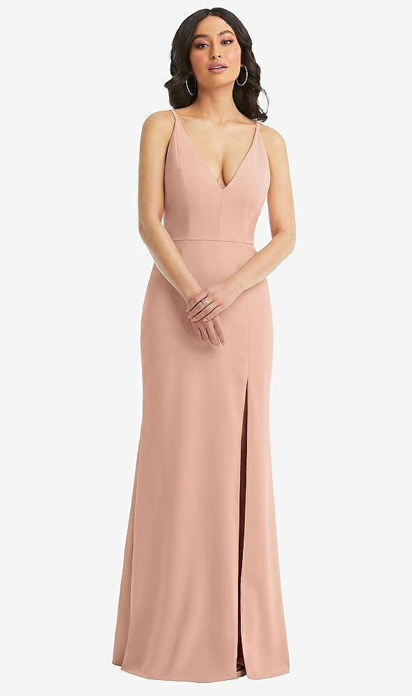 Front View - Pale Peach Skinny Strap Deep V-Neck Crepe Trumpet Gown with Front Slit