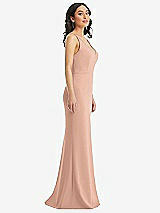 Side View Thumbnail - Pale Peach Skinny Strap Deep V-Neck Crepe Trumpet Gown with Front Slit