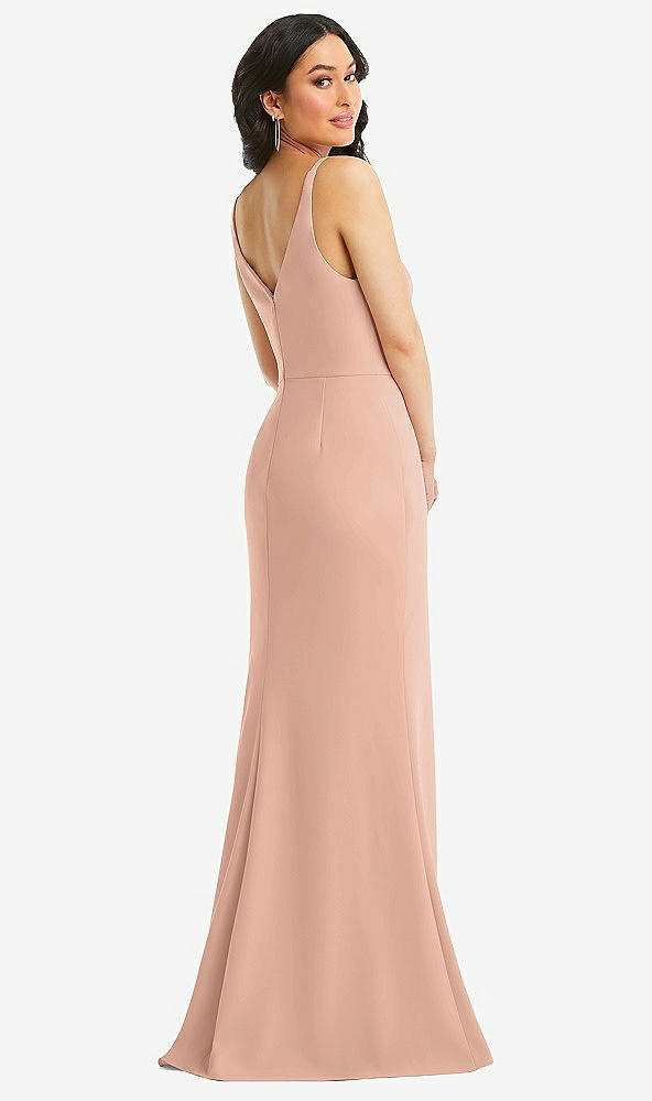 Back View - Pale Peach Skinny Strap Deep V-Neck Crepe Trumpet Gown with Front Slit